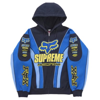 Supreme Fox Racing Zip Up Hooded Sweatshirt Blue