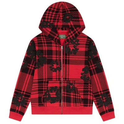 Denim Tears Plaid Cotton Wreath Zip Hoodie Red
