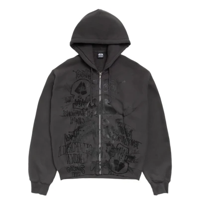 Stussy Skulls Zip Hoodie Pigment Dyed Faded Black