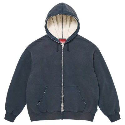 Supreme Shearling Lined Zip Up Hooded Sweatshirt Navy2.jpg