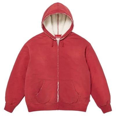 Supreme Shearling Lined Zip Up Hooded Sweatshirt Red2.jpg